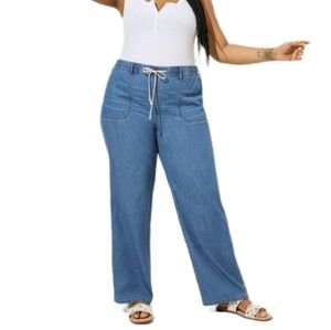 Torrid Feel The Fit chambray blue paper bag wide leg pants casual pocket 2R